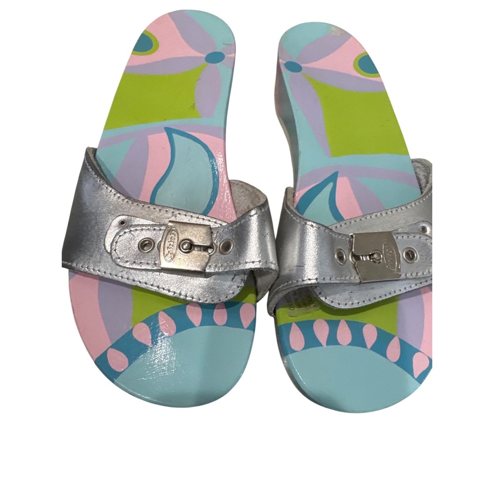 Dr. Scholl's Original Classic hand-painted wood sandals silver leather vintage 8 - Picture 2 of 11